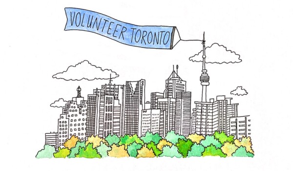 A hand-drawn image of the Toronto skyline, with a banner reading 