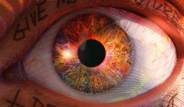 close-up of an eye with the words 